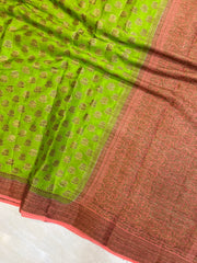 Lime Green Pure Chiffon Khaddi Banarasi Saree - The Handlooms