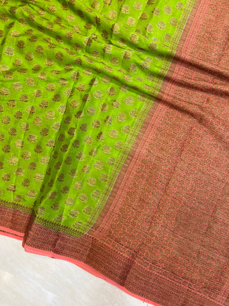 Lime Green Pure Chiffon Khaddi Banarasi Saree - The Handlooms