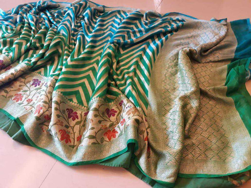 Pure Chiffon Khaddi Banarasi Saree - Green and blue - The Handlooms