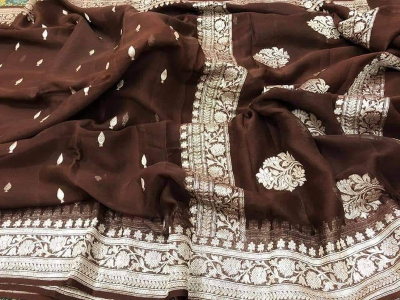 Brown Pure Georgette Banarasi Handloom Saree - The Handlooms