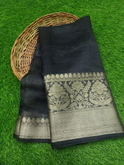Pure linen Banarasi Black Saree - The Handlooms