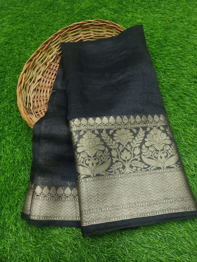 Pure linen Banarasi Black Saree - The Handlooms