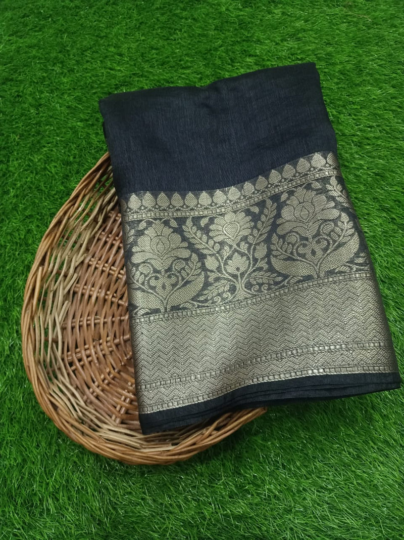 Pure linen Banarasi Black Saree - The Handlooms