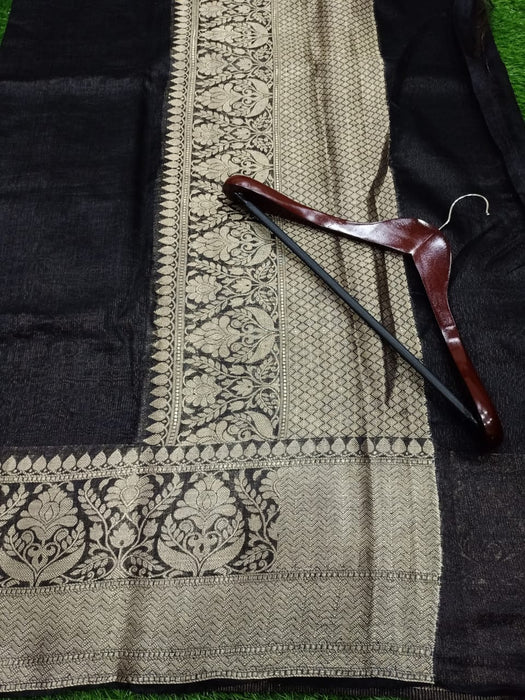 Pure linen Banarasi Black Saree - The Handlooms