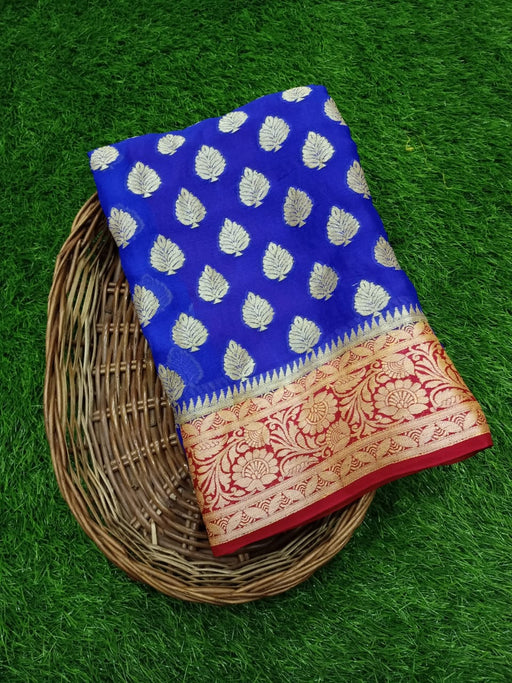 Pure Chiffon Khaddi Banarasi Saree - Blue with red - The Handlooms