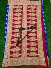 Pure Chiffon Khaddi Banarasi Saree - Blue with red - The Handlooms