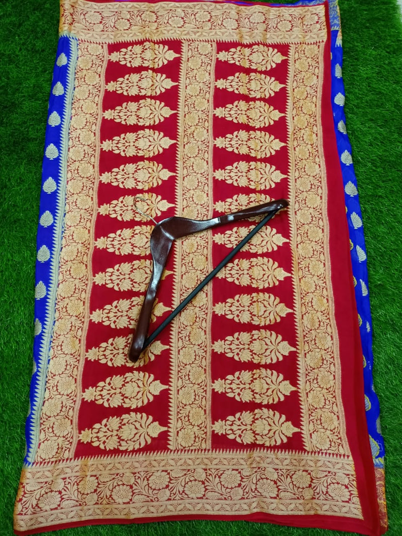 Pure Chiffon Khaddi Banarasi Saree - Blue with red - The Handlooms