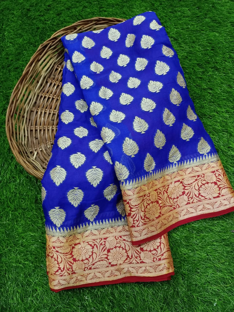 Pure Chiffon Khaddi Banarasi Saree - Blue with red - The Handlooms
