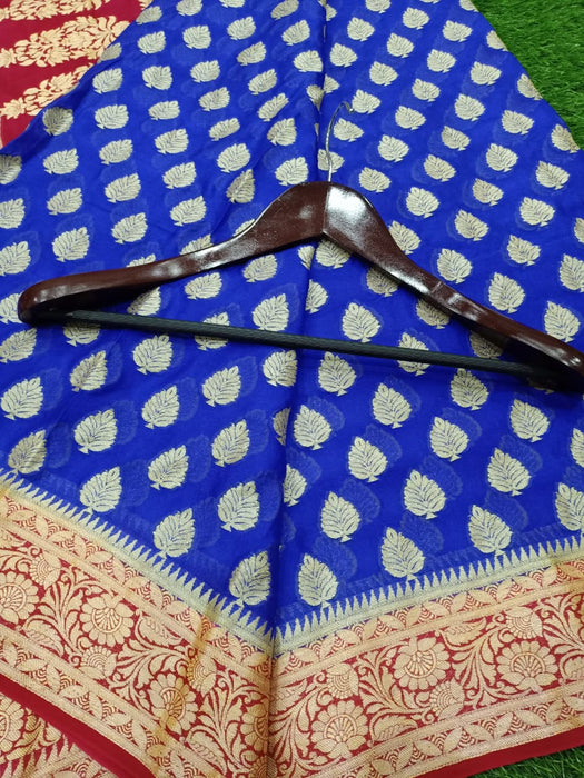 Pure Chiffon Khaddi Banarasi Saree - Blue with red - The Handlooms
