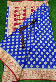 Pure Chiffon Khaddi Banarasi Saree - Blue with red - The Handlooms