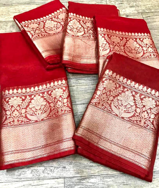 Pure linen Banarasi  Red Saree - The Handlooms