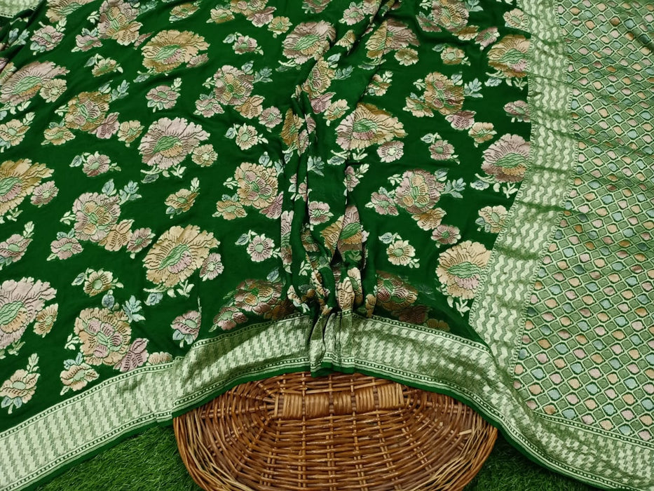 Khaddi Georgette Handloom Banarasi Saree - Green - The Handlooms