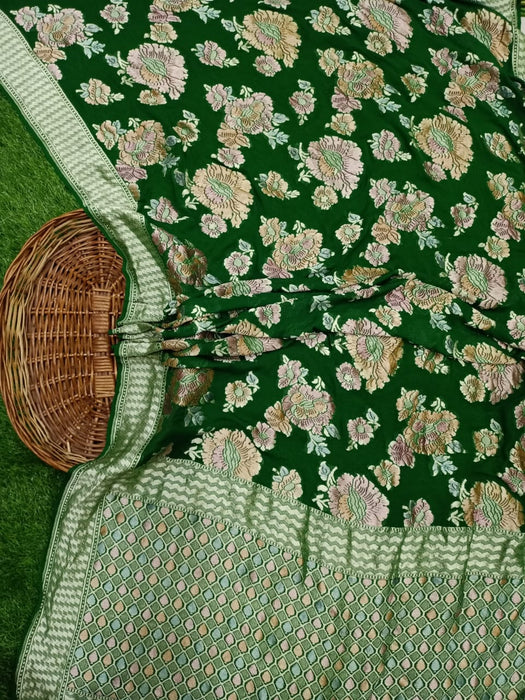 Khaddi Georgette Handloom Banarasi Saree - Green - The Handlooms
