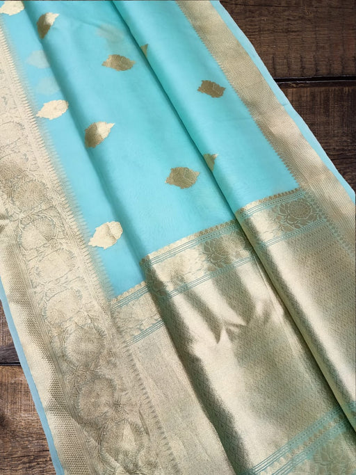 Aqua Blue Pure Kora Handloom Banarasi Saree - The Handlooms