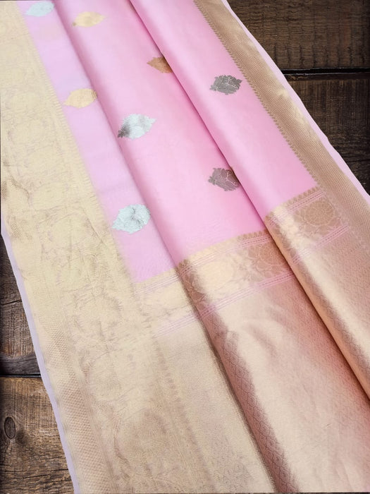 Pure Kora Handloom Banarasi Saree - Pink - The Handlooms