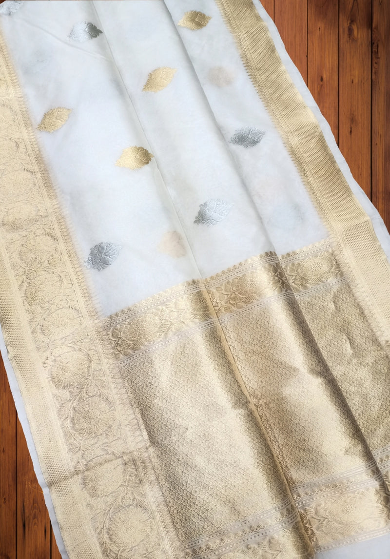 White Pure Kora Handloom Banarasi Saree - Sona Roopa Kadua motifs - The Handlooms