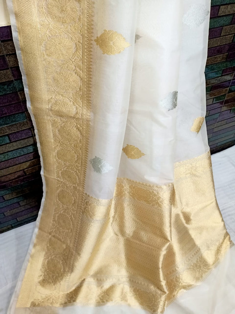 White Pure Kora Handloom Banarasi Saree - Sona Roopa Kadua motifs - The Handlooms