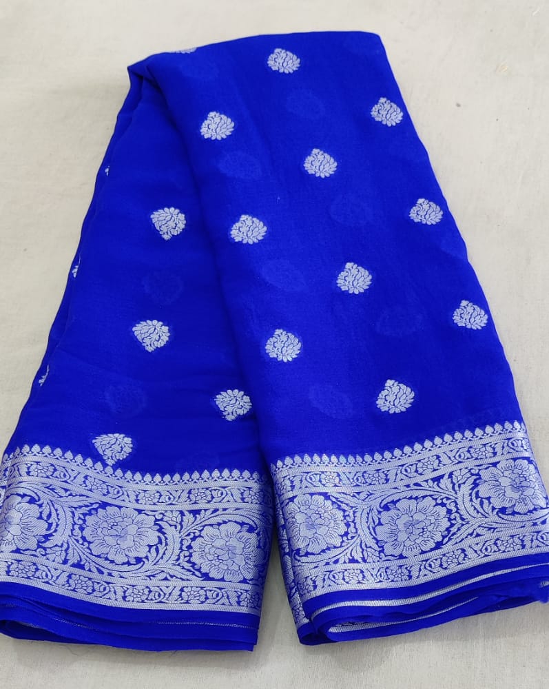 Royal Blue Pure Chiffon Khaddi Banarasi Saree - The Handlooms
