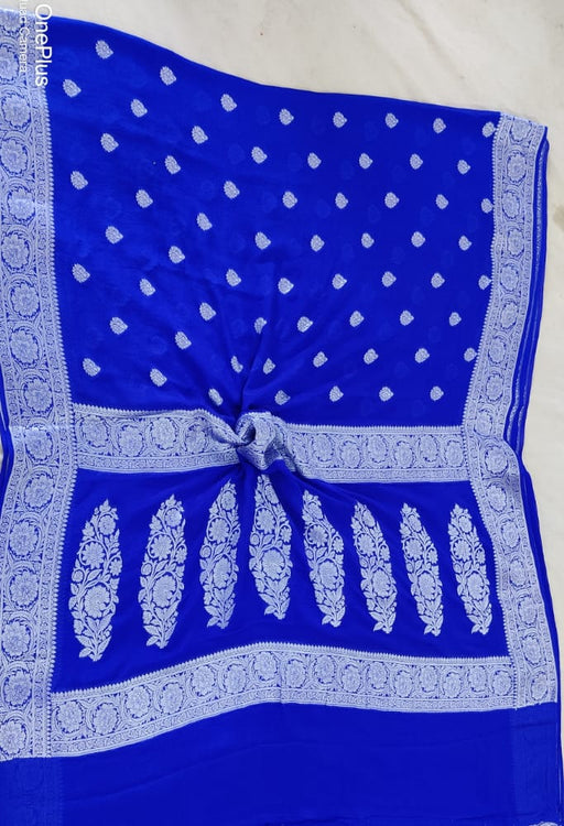 Royal Blue Pure Chiffon Khaddi Banarasi Saree - The Handlooms