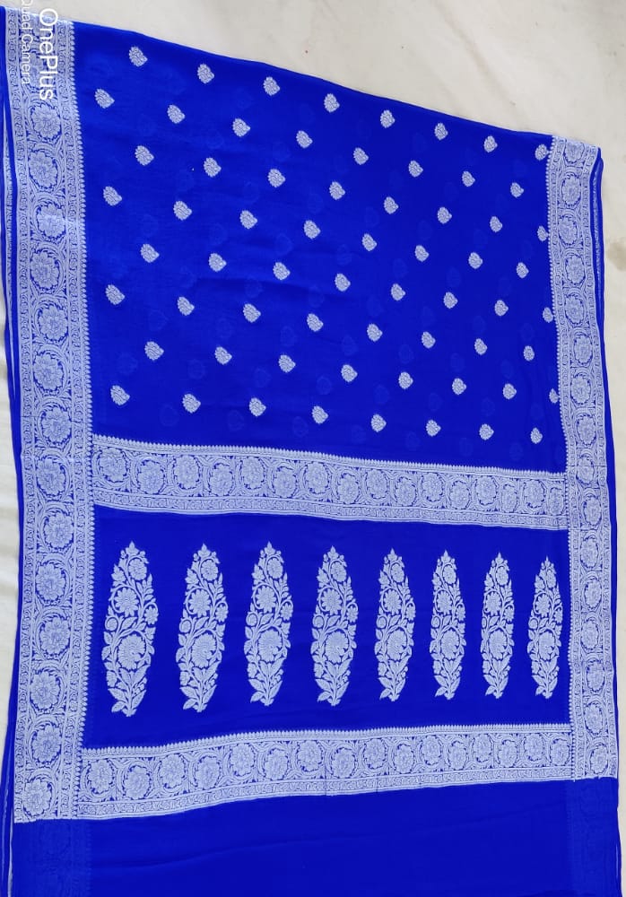 Royal Blue Pure Chiffon Khaddi Banarasi Saree - The Handlooms