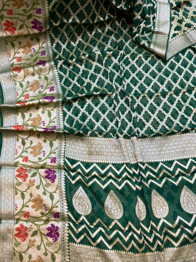 Green Pure Chiffon Khaddi Banarasi Saree - The Handlooms