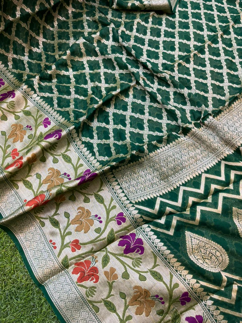 Green Pure Chiffon Khaddi Banarasi Saree - The Handlooms