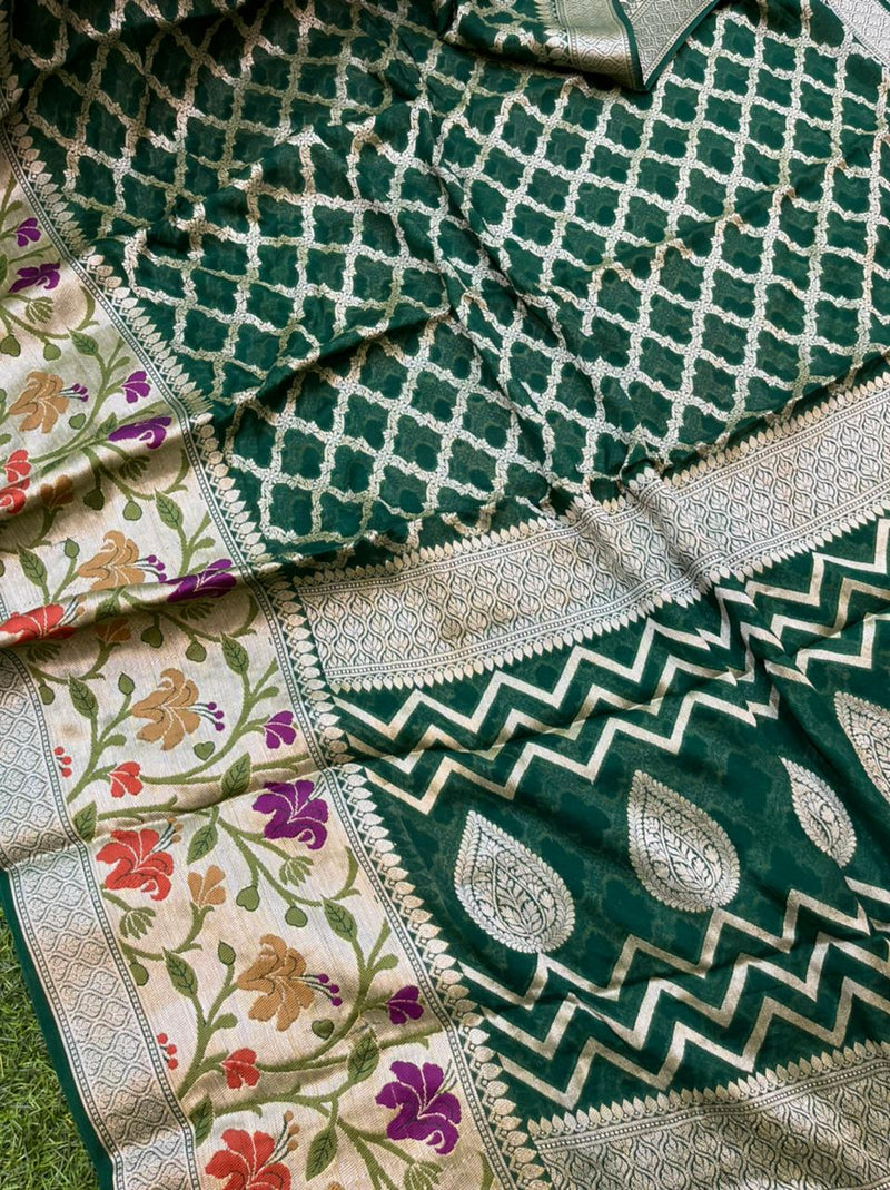 Green Pure Chiffon Khaddi Banarasi Saree - The Handlooms
