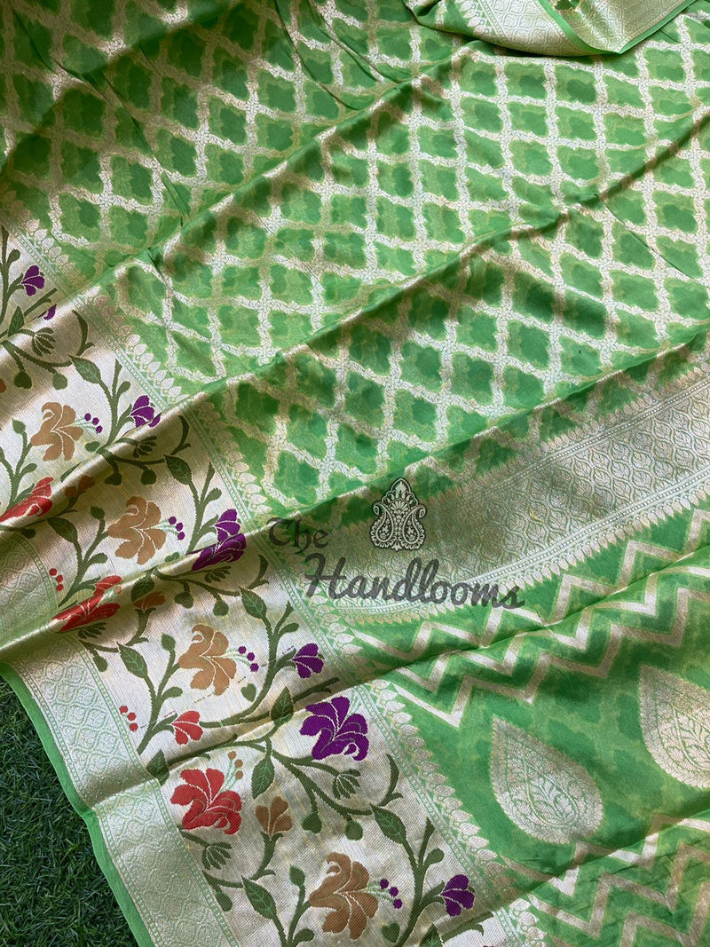 Parrot Green Pure Chiffon Khaddi Banarasi Saree - The Handlooms