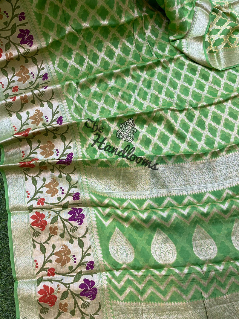 Parrot Green Pure Chiffon Khaddi Banarasi Saree - The Handlooms