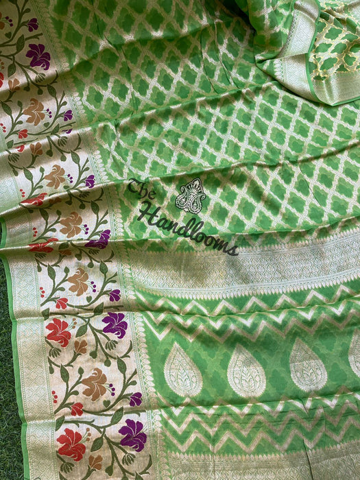 Parrot Green Pure Chiffon Khaddi Banarasi Saree
