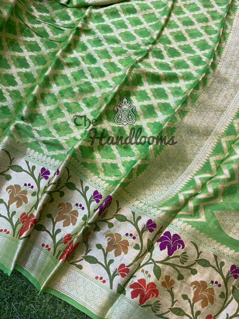 Parrot Green Pure Chiffon Khaddi Banarasi Saree - The Handlooms