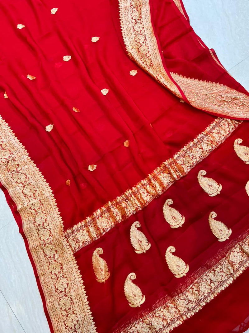Red Pure Georgette Banarasi Saree - Gold zari - The Handlooms