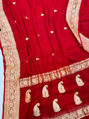 Red Pure Georgette Banarasi Saree - Gold zari - The Handlooms