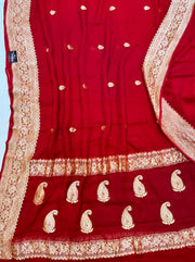 Red Pure Georgette Banarasi Saree - Gold zari - The Handlooms