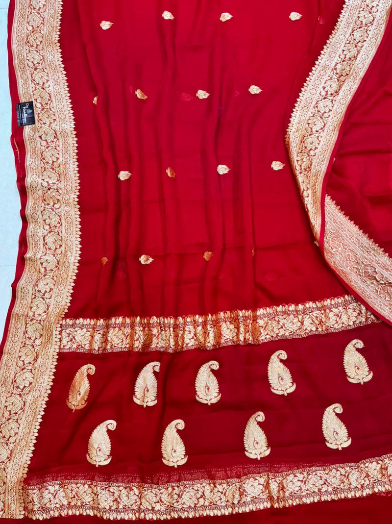 Red Pure Georgette Banarasi Saree - Gold zari - The Handlooms