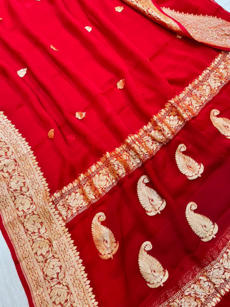 Red Pure Georgette Banarasi Saree - Gold zari - The Handlooms