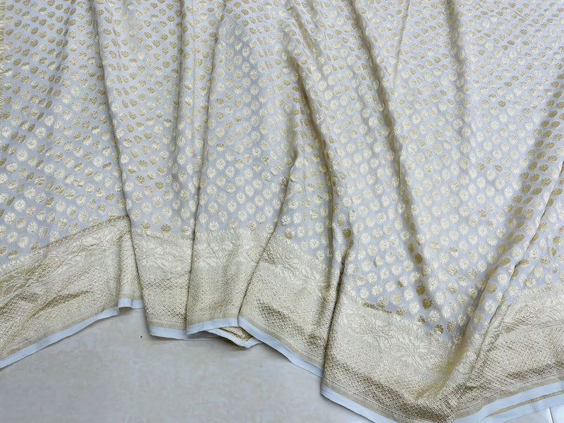 White Khaddi Georgette Handloom Banarasi Saree - The Handlooms