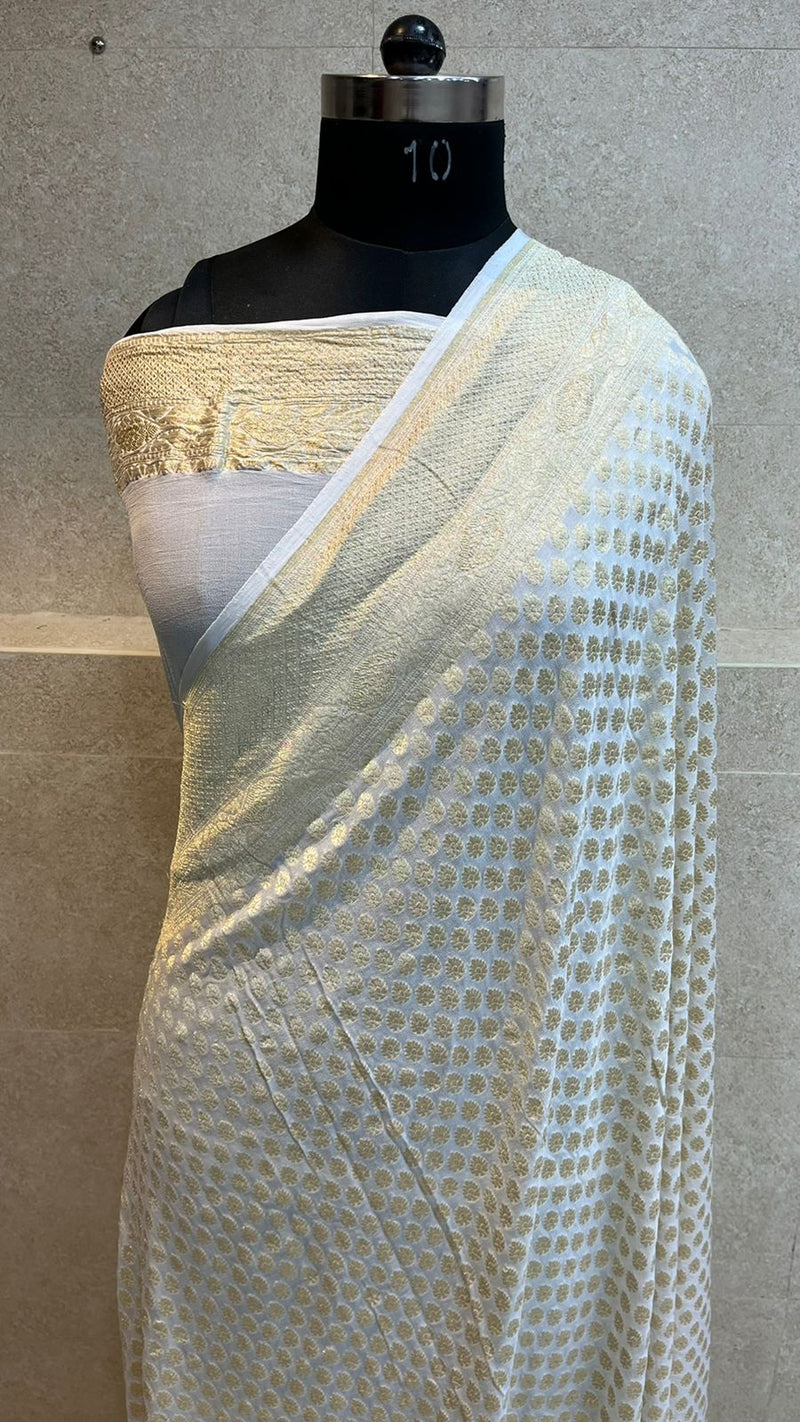 White Khaddi Georgette Handloom Banarasi Saree - The Handlooms