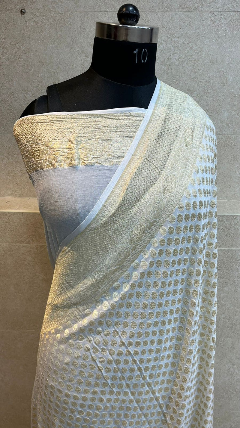 White Khaddi Georgette Handloom Banarasi Saree - The Handlooms