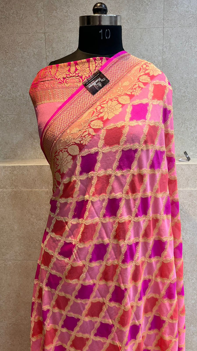 Khaddi Georgette Handloom Banarasi Saree - Gold Zari - The Handlooms