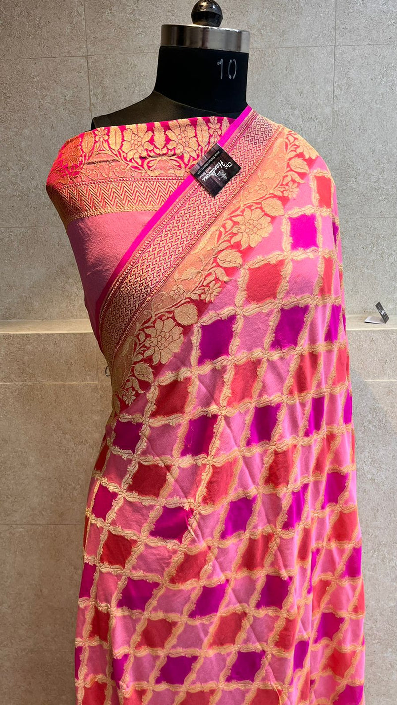 Khaddi Georgette Handloom Banarasi Saree - Gold Zari - The Handlooms