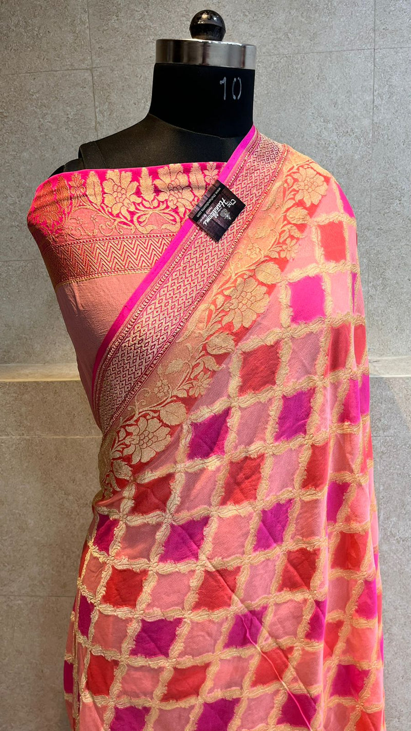 Khaddi Georgette Handloom Banarasi Saree - Gold Zari - The Handlooms