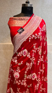 Red Khaddi Georgette Handloom Banarasi Saree - All over Jaal Work with meenakari - The Handlooms