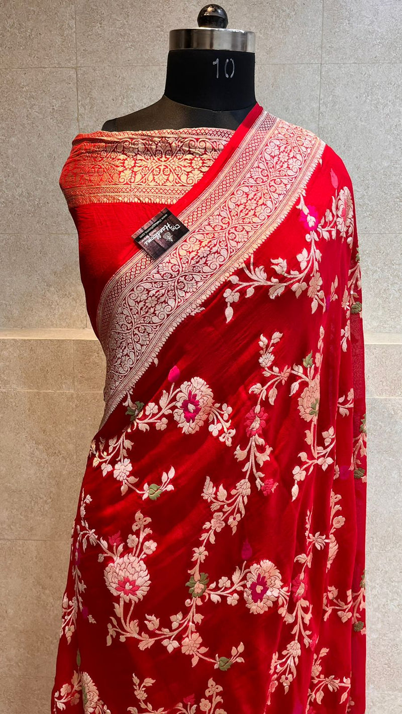 Red Khaddi Georgette Handloom Banarasi Saree - All over Jaal Work with meenakari - The Handlooms