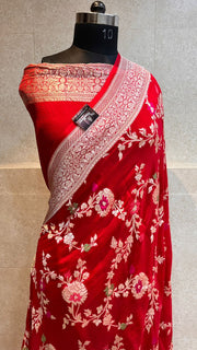 Red Khaddi Georgette Handloom Banarasi Saree - All over Jaal Work with meenakari - The Handlooms