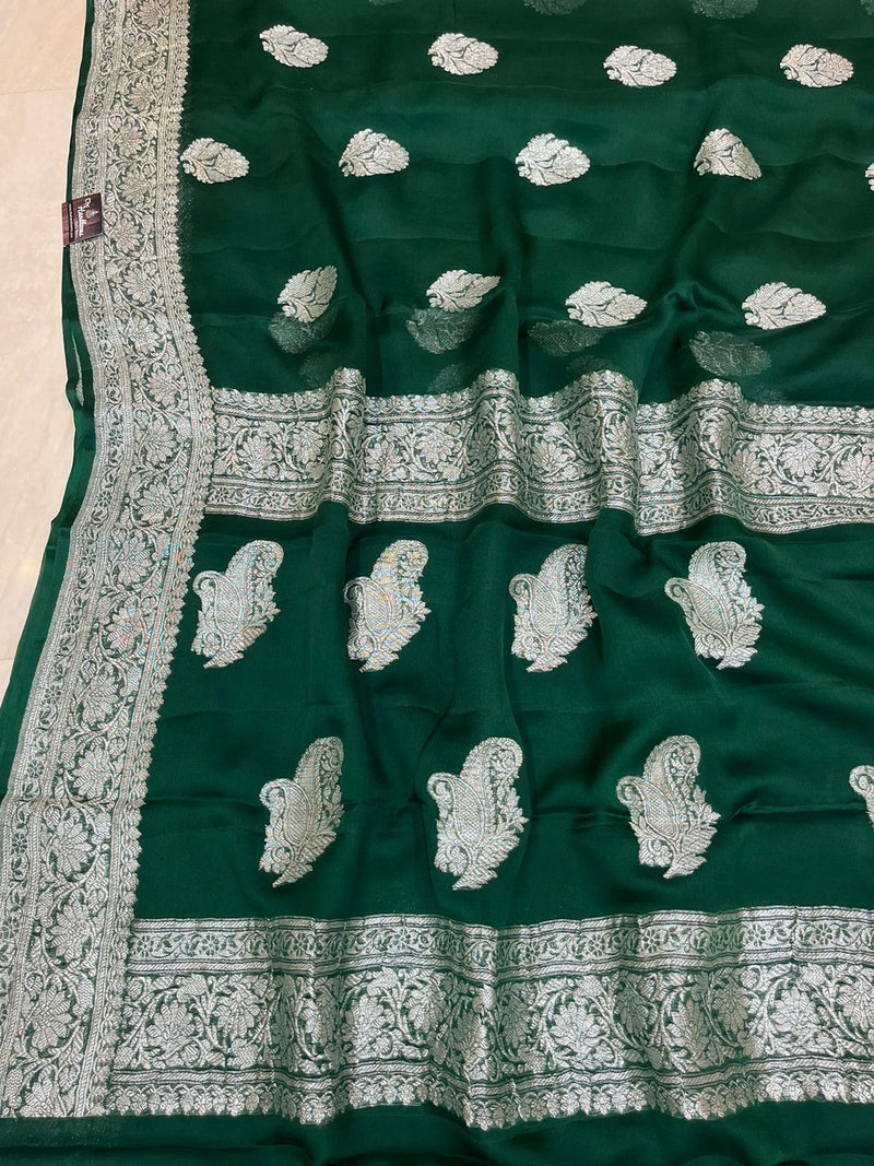 Green Pure Georgette Banarasi Handloom Saree - The Handlooms