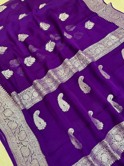 Purple Pure Georgette Banarasi Handloom Saree - The Handlooms