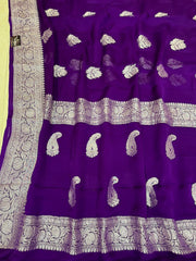 Purple Pure Georgette Banarasi Handloom Saree - The Handlooms