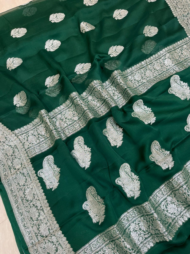 Green Pure Georgette Banarasi Handloom Saree - The Handlooms