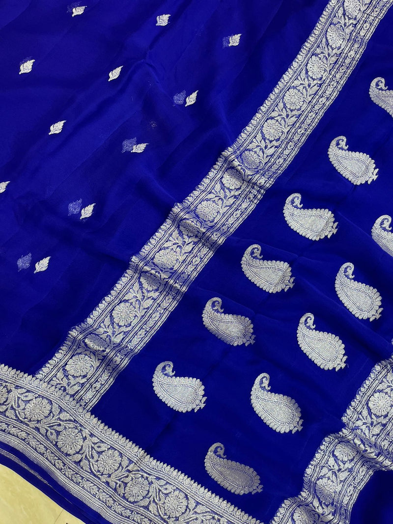 Royal Blue Pure Georgette Banarasi Saree - The Handlooms